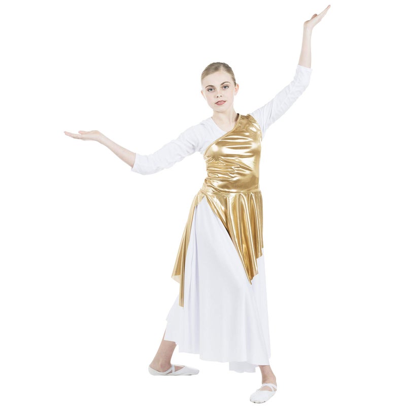 Danzcue Girlâ€™s Asymmetrical Dance Tunic Praise Dance Tunic for Girl (White Dress Not Included), Gold, Large-X-Large - Image 2